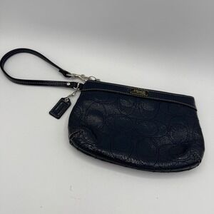 Coach Navy Blue Op Art Embossed Leather Wristlet Handbag Purse Small